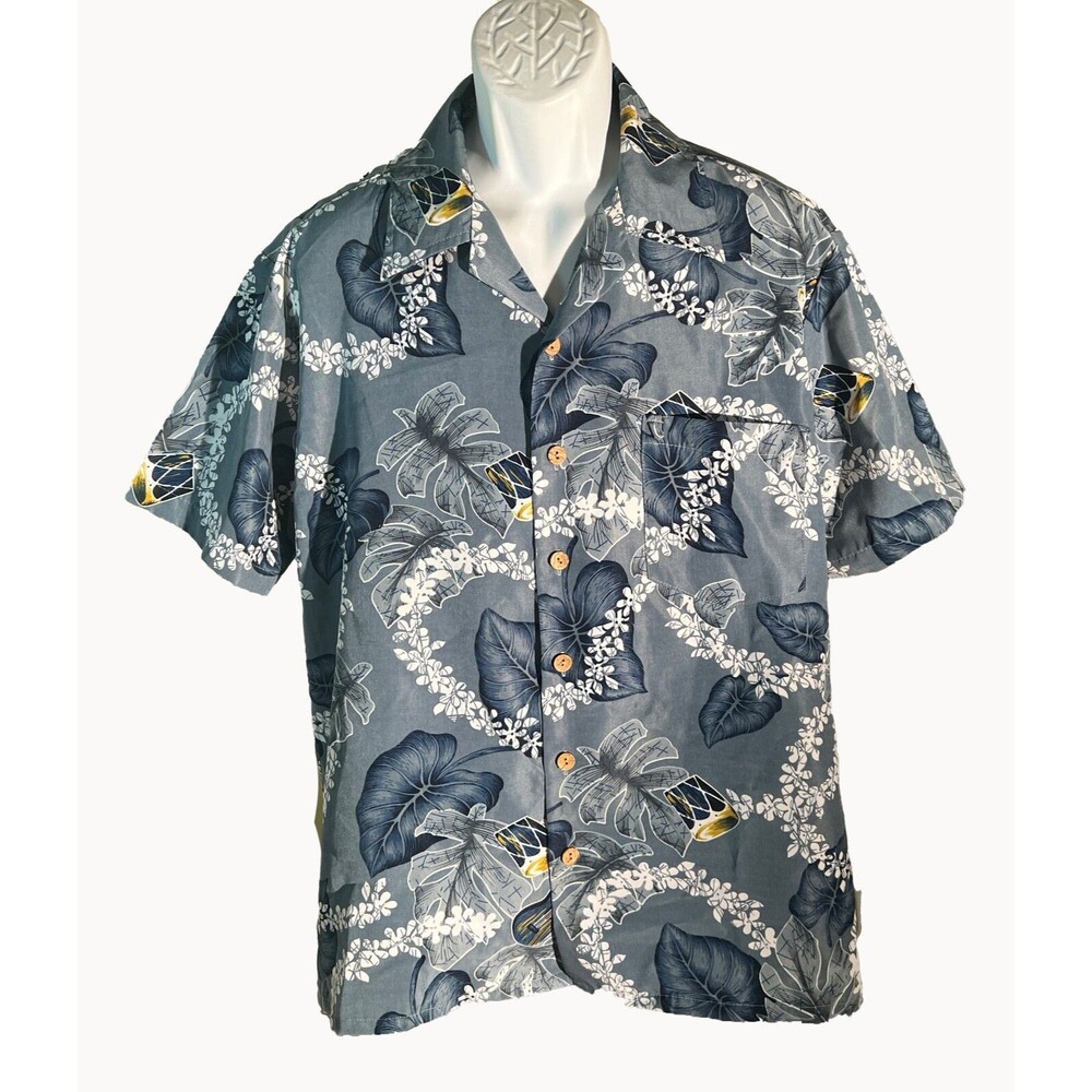 ROUNDY BAY Men's Short Sleeve Button Floral‎ Shirt Gray Large